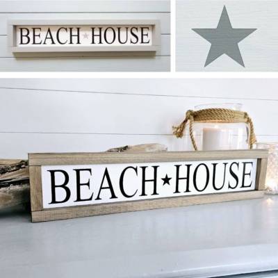 BEACH HOUSE mit Rahmen - maritimes Holzschild im fixer upper Style für Cottages und Landhausstil