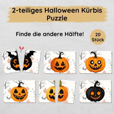 2 Teile Halloween Kürbis Puzzle für Kinder zum Ausdrucken, Hälfte zuordnen Spiel