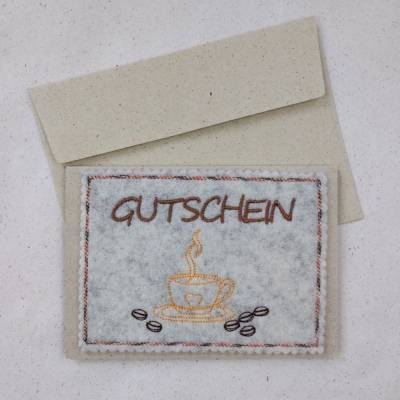 Wollfilz meets Graspapier - Grußkarte mit Kaffeetasse " Gutschein"