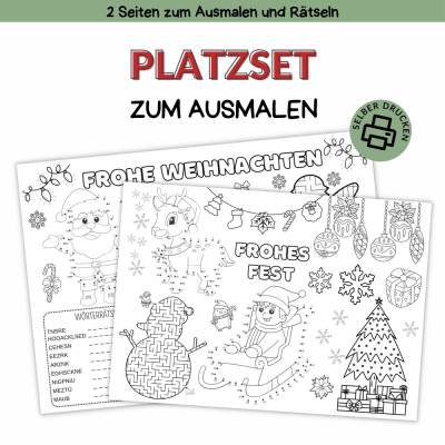 Weihnachtliches Platzset zum Ausmalen für Kinder – PDF Druckvorlage & Rätsel DIN A4