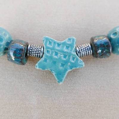 Keramikschmuck Collier *TürkisStar*  Handgefertigte Tonperlen Edelstahlband Lagenlook Unikat