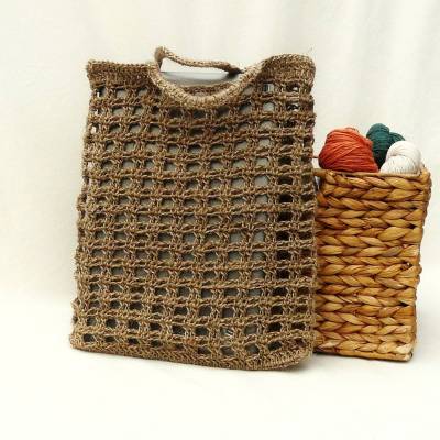 Einkaufsnetz, Shopper, Tasche, beige, 100% Jute, Handarbeit, gehäkelt im Lochmuster