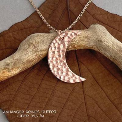 Kupferanhänger HALBMOND *Hammerschlag Design* mit roségoldfarbener Edelstahlkette