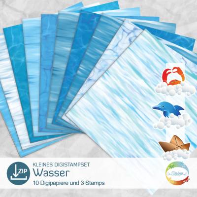 Kleines Digistampset Wasser, 10 Digipapiere mit Wellen und Meer, 3 Digistamps Krebs, Delfin, Papierboot