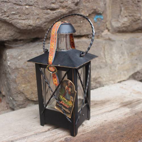Vintage Likörflasche Laterne mit Spieluhr Scheibel Kirschwasser Kupfer schwarz lackiert 50er 60er Jahre
