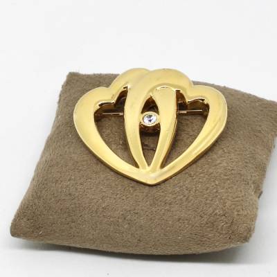 Herzbrosche Doppel Herzchen Goldfarbe Glanz Brosche Kristall Stein Wuchtig Vintage für Freundin