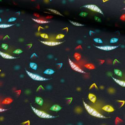 Jersey Baumwolle Grinsekatze  Ghost Cats schwarz-bunt Oeko-Tex Standard 100(1m/15,-€)