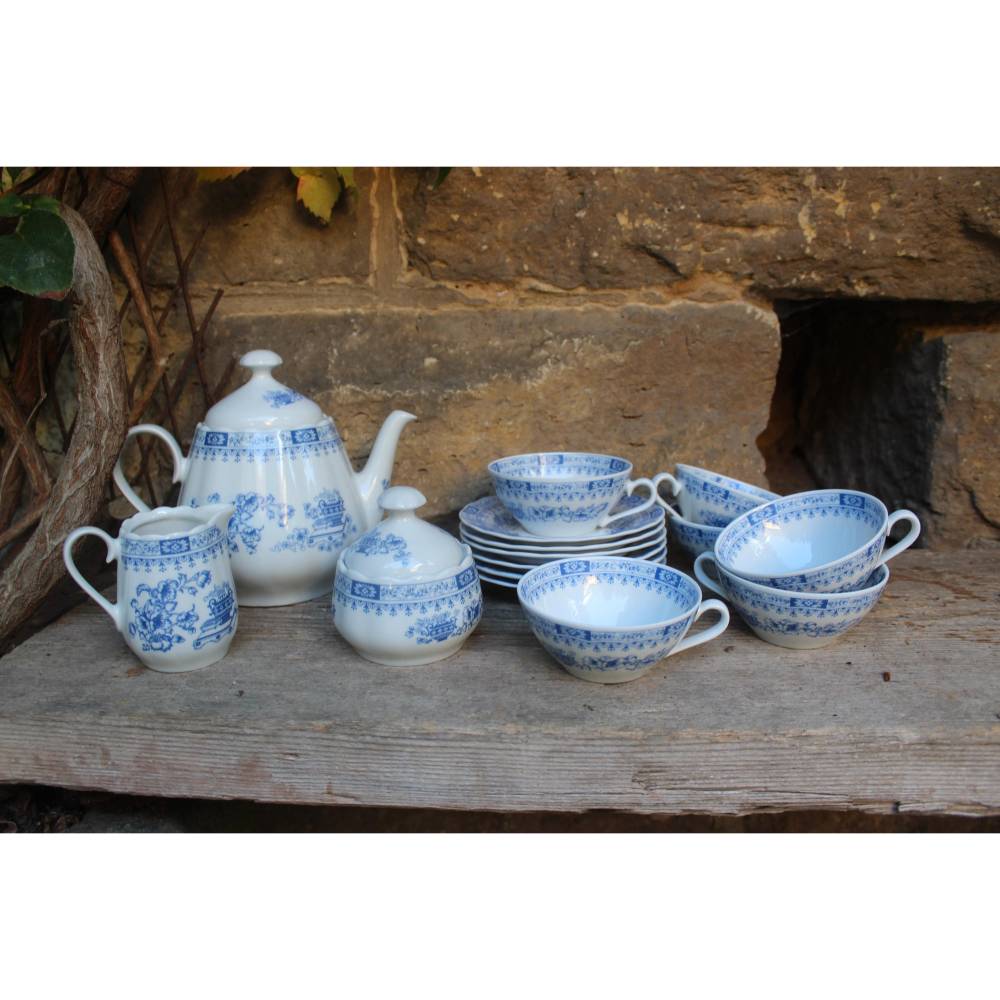15 tlg. Teeservice China Blau Henneberg + Thuringia Rhön Porzellan 70er 80er Jahre DDR