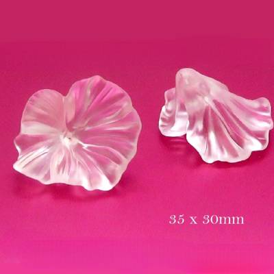 2 weiße XL Blüten Kelche Perlenkappen aus Acryl Lucite, matt, gefrostet, 35x30mm transluzent