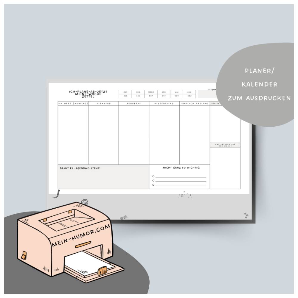 witziger Wochenplan zum Ausdrucken, lustiger Wochenplaner Download zum Ausdrucken Bild 1