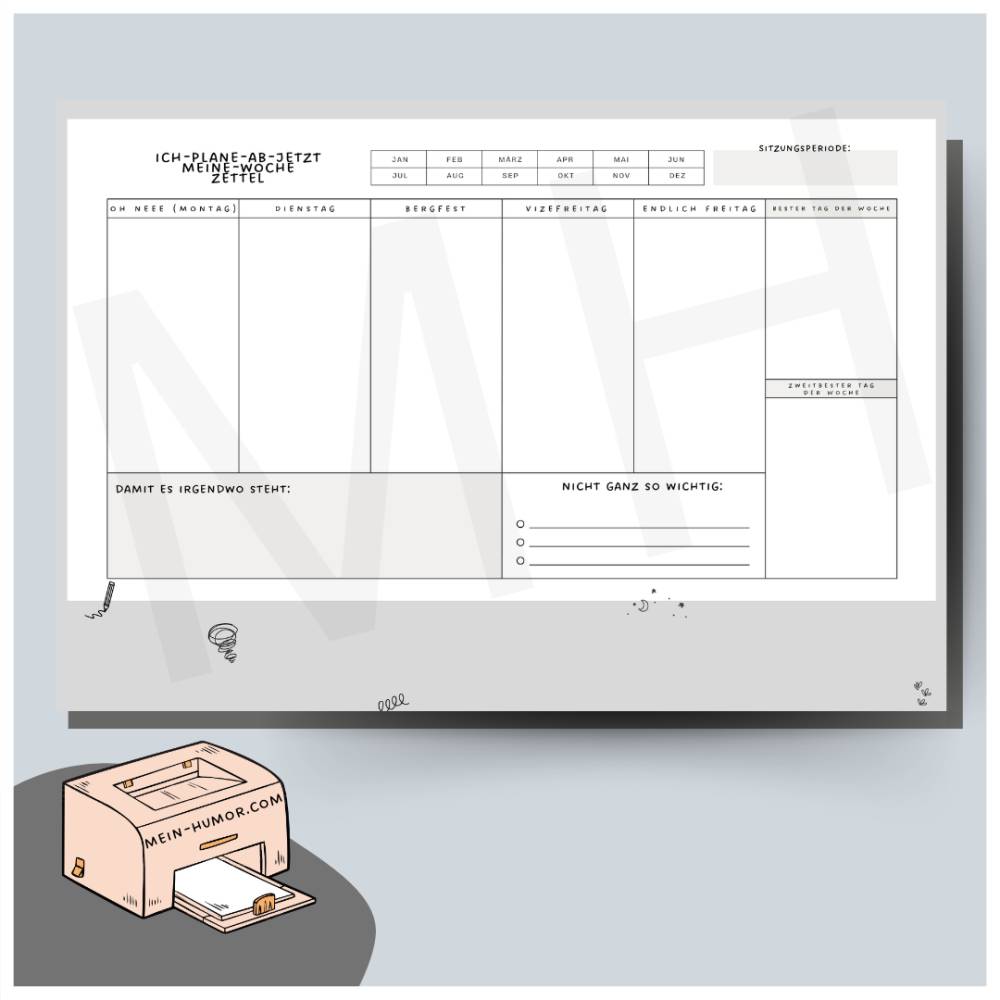witziger Wochenplan zum Ausdrucken, lustiger Wochenplaner Download zum Ausdrucken Bild 2