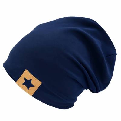 Beanie Mütze dunkelblau mit Sternpatch für Kinder und Erwachsene, Baumwollmütze unisex, Babymütze