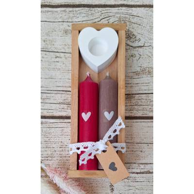 2 Stabkerzen mit Halter im Set in einer Eichen-Holzbox ~ Kerzen mit Herzen ~ Deko ~ Kerzenbox ~ Kerze Herz
