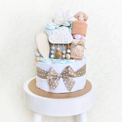 Windeltorte Hello World mit Windelbaby neutral beige zur Geburt