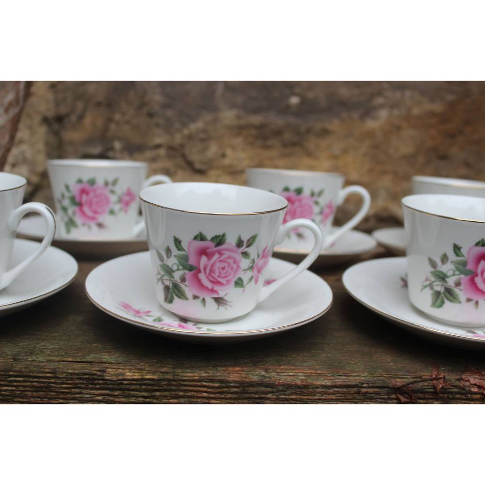 6er Set kleine Kaffeetassen / Rosendekor / Mokkatassen Teetassen / Made in China Vintage 70er Jahre