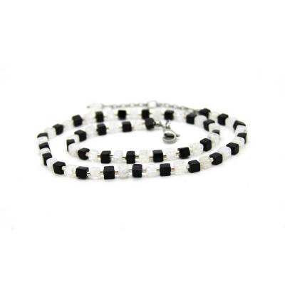 Onyx- und Bergkristall-Würfel-Halskette in Schwarz und Transparent (gecrasht) mit Silber-Zylinder, Edelsteinschmuck