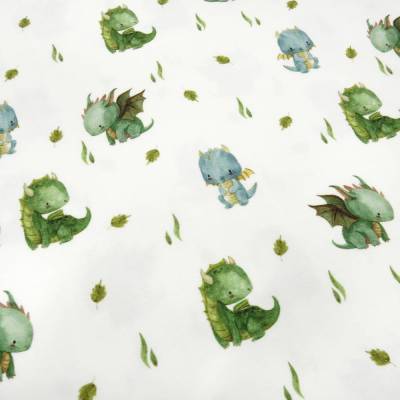Stoff Baumwolle Jersey Little Dragon Drachen Design creme weiß grün blau bunt Kinderstoff Kleiderstoff