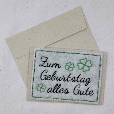 Wollfilz meets Graspapier - Grußkarte mit Kleeblatt " Zum Geburtstag alles Gute"