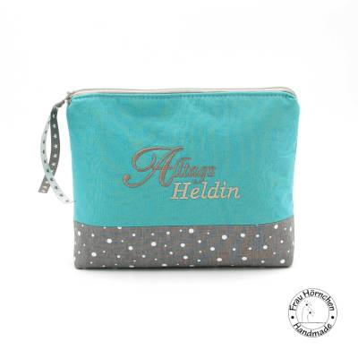 Kosmetiktasche * Schminktäschchen * Kulturbeutel * Windeltasche * Alltagsheldin * petrol grau gepunktet