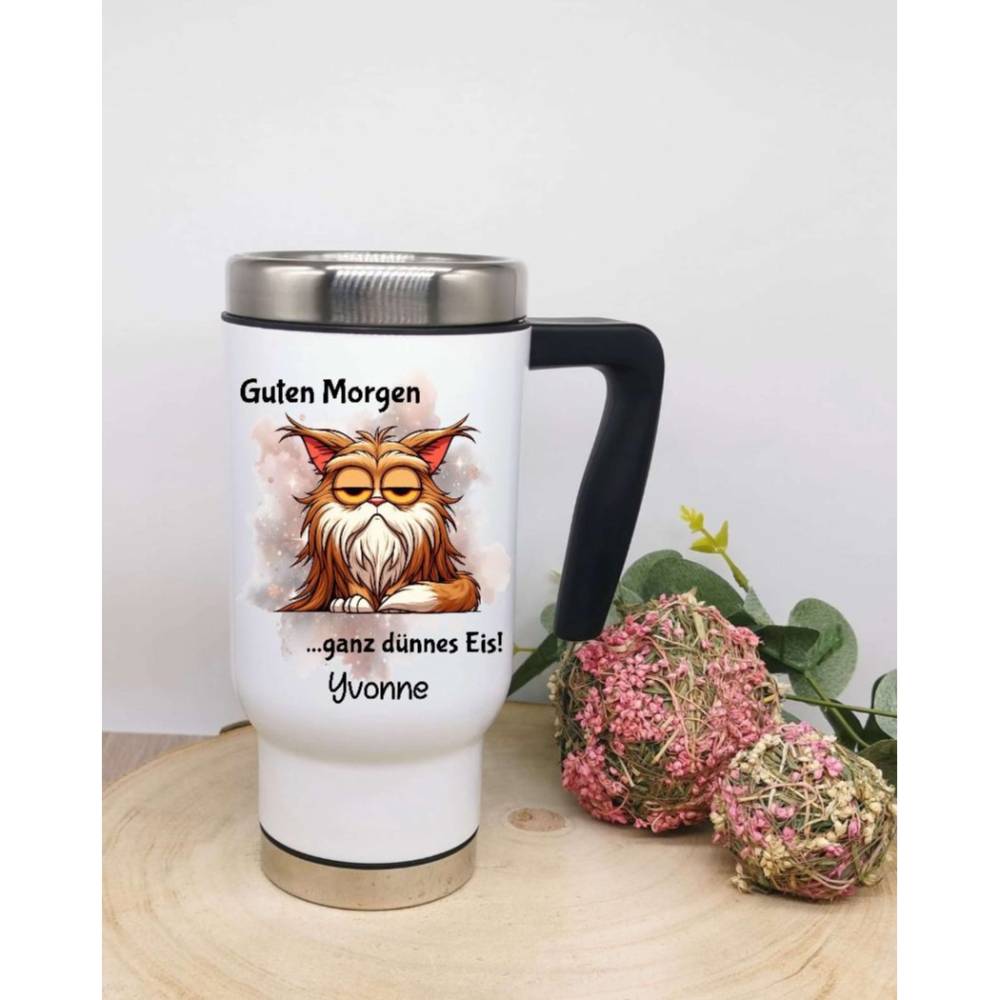 Thermobecher Kaffee to go Becher personalisiert mit Namen witzig Sarkasmus Lustig Spruch Guten Morgen ganz dünnes Eis