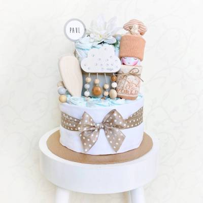 Windeltorte Hello World * personalisiert mit Name mit Windelbaby neutral beige zur Geburt