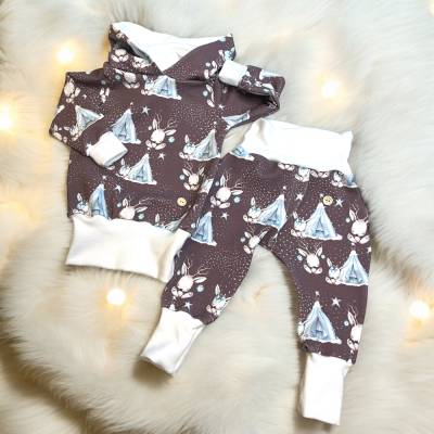 Babykleidung Set unisex Kapuzenpullover und Pumphose, niedliche Häschen mit Indianerzelten, handgemachtes Hose und Pullo