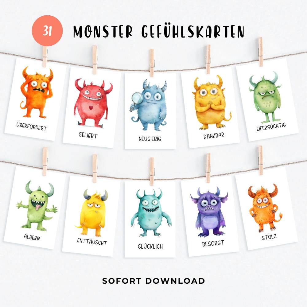 Monster Gefühlskarten Kinder, Gefühle Kinder, Montessori Lernkarten, Emotionskarten zum ausdrucken Bild 1