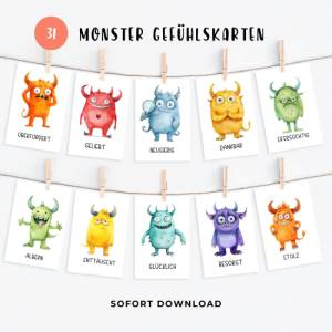 Monster Gefühlskarten Kinder, Gefühle Kinder, Montessori Lernkarten, Emotionskarten zum ausdrucken