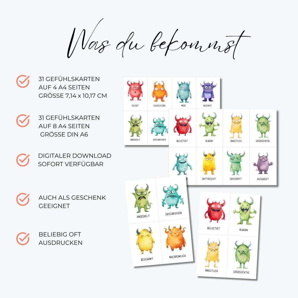 Monster Gefühlskarten Kinder, Gefühle Kinder, Montessori Lernkarten, Emotionskarten zum ausdrucken Bild 2