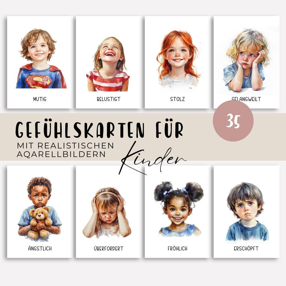 Gefühlskarten Kinder, Gefühle Kinder, Montessori Lernkarten, Aquarell Emotionskarten zum ausdrucken Bild 1