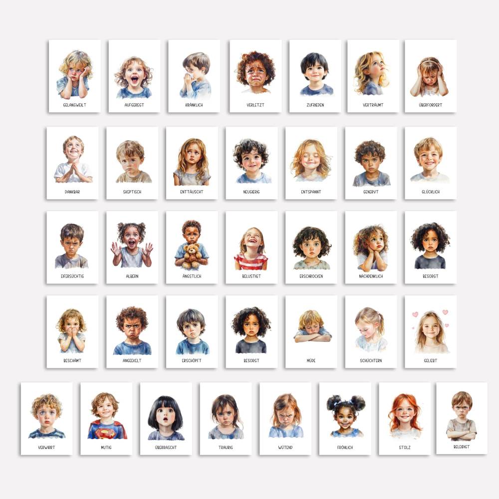 Gefühlskarten Kinder, Gefühle Kinder, Montessori Lernkarten, Aquarell Emotionskarten zum ausdrucken Bild 5