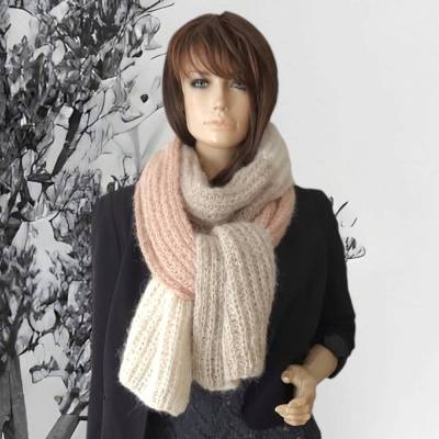 Strickschal, Alpaka, Seide, beige, gestrickt, Wollschal, Schal