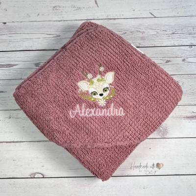 Bio Kapuzenhandtuch mit Motiv und Wunschnamen bestickt I 80x80 cm I personalisiertes Handtuch Kind I Geschenkidee