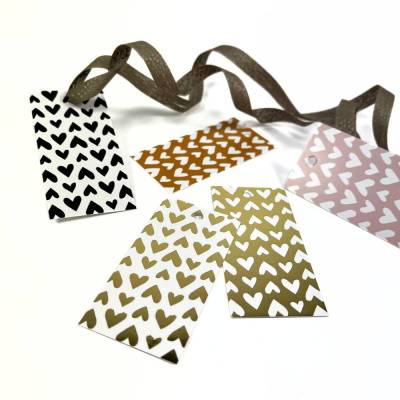 Set aus 5 Geschenkanhängern MINI HEARTS für Geschenk-Verpackungen rosa karamell weiß gold schwarz