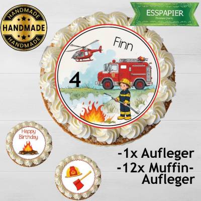 Tortenaufleger Set mit Tortenaufleger und 12 aufleger für Muffins. Kindergeburtstag Happy Birthday Feuerwehr Essbar