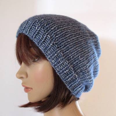 Lässig leichte Mütze in Blau meliert, Beanie, Strickmütze, Baumwolle-Merino-Mix
