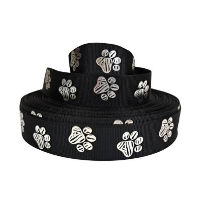 Ripsband 22mm mit silbernen Pfoten auf Schwarz – Geschenkband für Hundehalsbänder & DIY