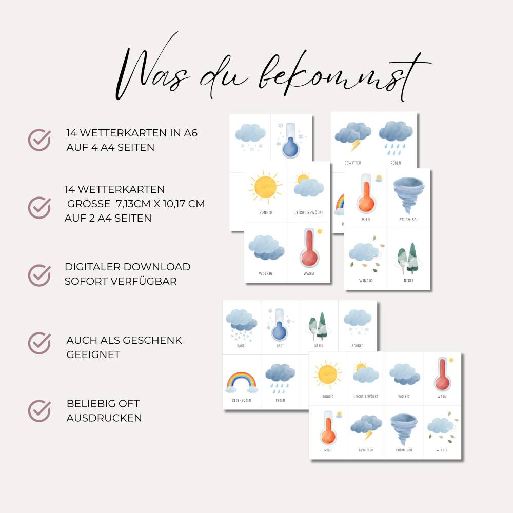 Wetter-Karten Kinder: Montessori Lernkarten zum Wetter lernen – PDF Download & Ausmalbilder Bild 2