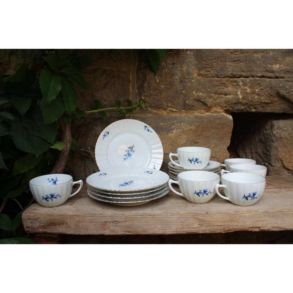 17 tlg. Art Deco Teeservice Kaffeeservice blaues Blumendekor Porzellan 30er Jahre