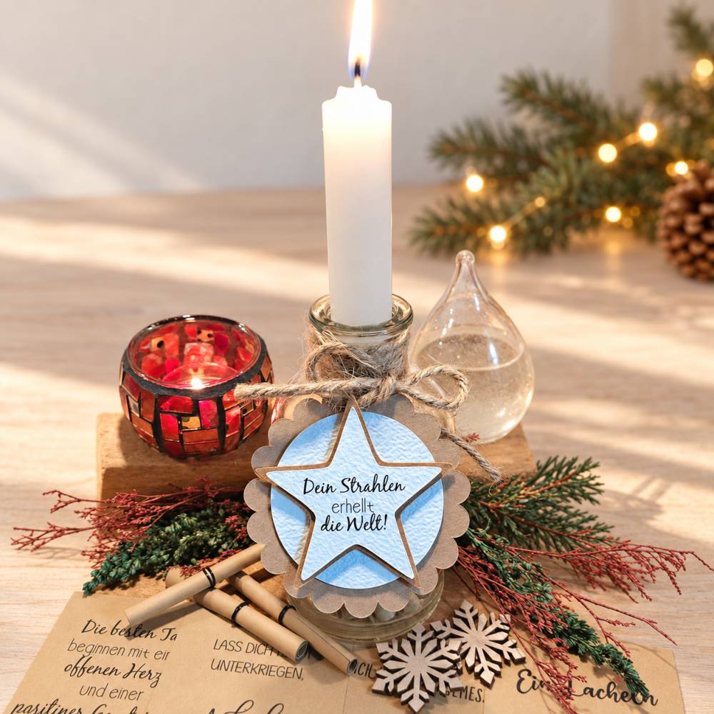 Adventskalender im Glas – 24 Lose mit motivierenden Sprüchen & Kerze – Geschenkidee