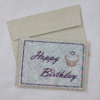 Wollfilz meets Graspapier - Grußkarte mit Törtchen " Happy Birthday"