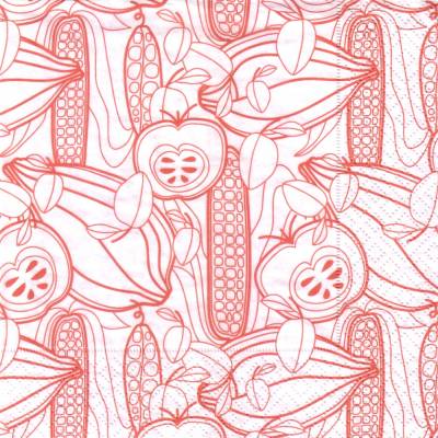 Lunchservietten Gesundes Allerlei, mit stilisierten Herbstfrüchten und Gemüse, Rot auf Weiß