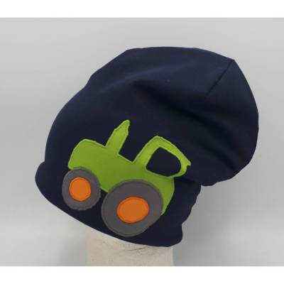 Blaue Mütze Beanie für Jungen mit Trecker, Babymütze
