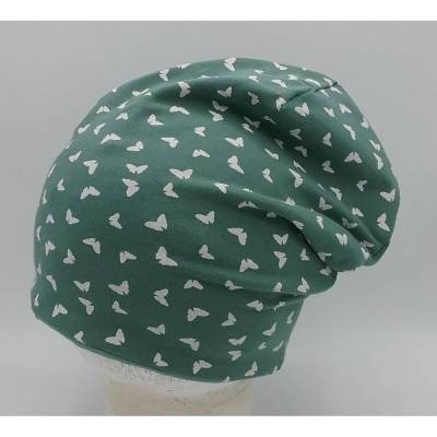 Beanie, Mütze, für Mädchen, grün mit weißen Schmetterlingen, Wendemütze