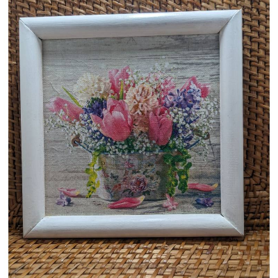 Serviettenmotiv " Blumen " auf Leinwand, 20 x 20 cm groß.