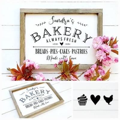 BAKERY Holzschild mit Name für gemütliche Landhausküchen-Deko - Größe, Rahmenfarbe und Aussehen zur Auswahl