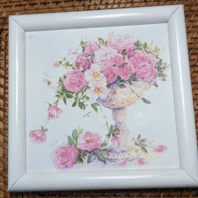 Serviettenmotiv " Rosen lI " auf Leinwand, 20 x 20 cm groß.