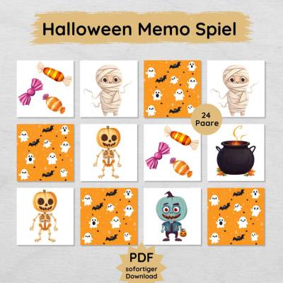 Halloween Memo Paare suchen Spiel für Kinder zum Ausdrucken