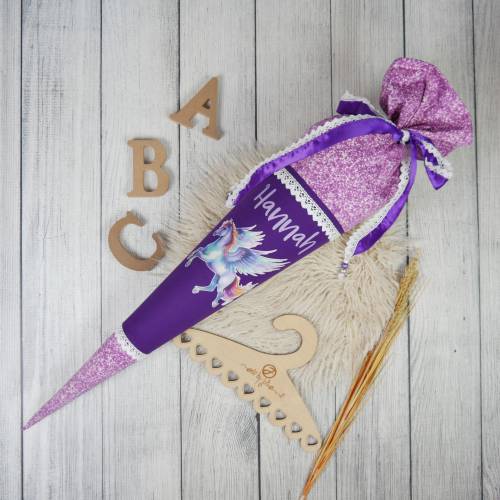 Schultüte Stoff Pegasus Lila Glitzer 70cm 85cm   *personalisierbar und mit Kisseninlet