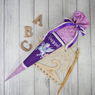 Schultüte Stoff Pegasus Lila Glitzer 70cm 85cm   *personalisierbar und mit Kisseninlet